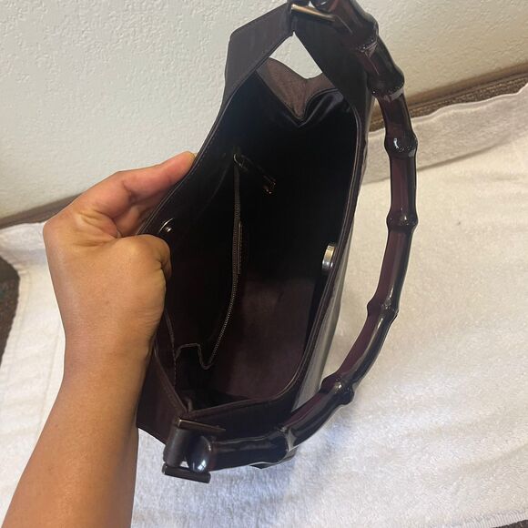 Vintage GUCCI Women's Bamboo Handle Hobo Satin Brown Shoulder Handbag - Picture 9 of 13